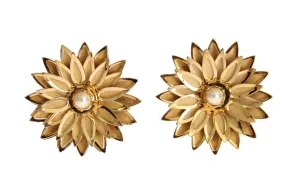 Gold Brass Floral White Pearl Earring