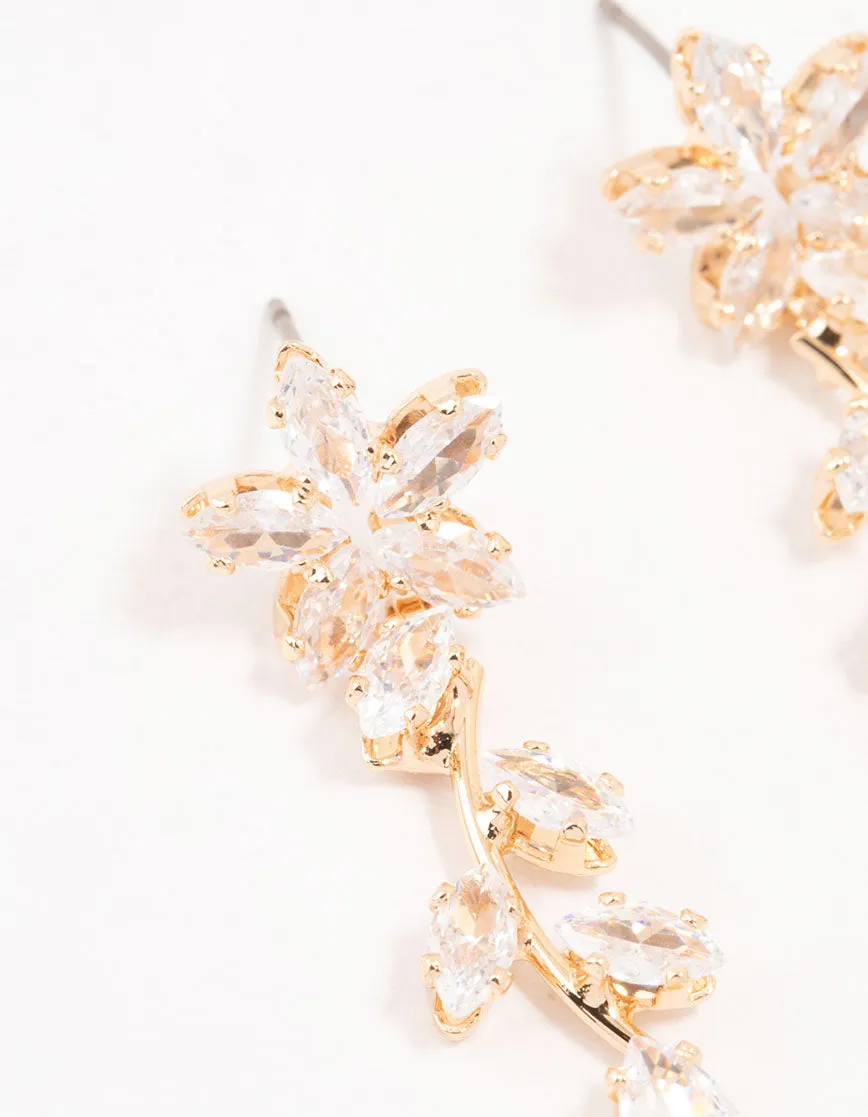Gold Cubic Zirconia Flower Trail Drop Earrings