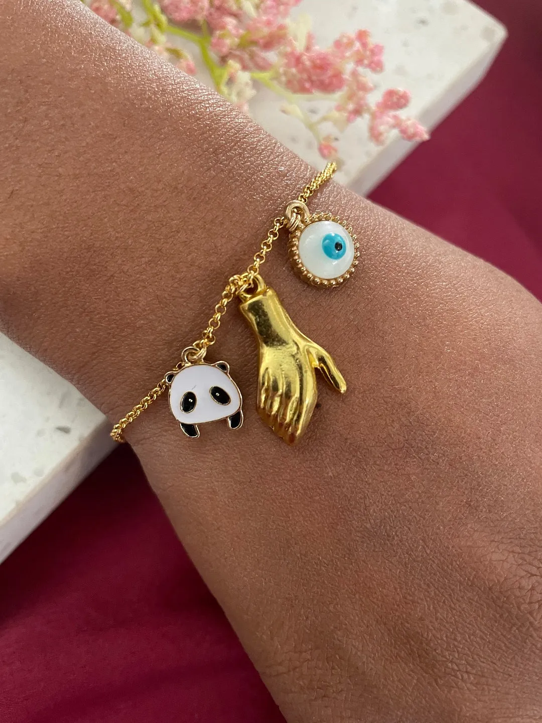 Gold Plated Hand Holding Magnet with Evil Eye & Charm Adjustable Bracelet
