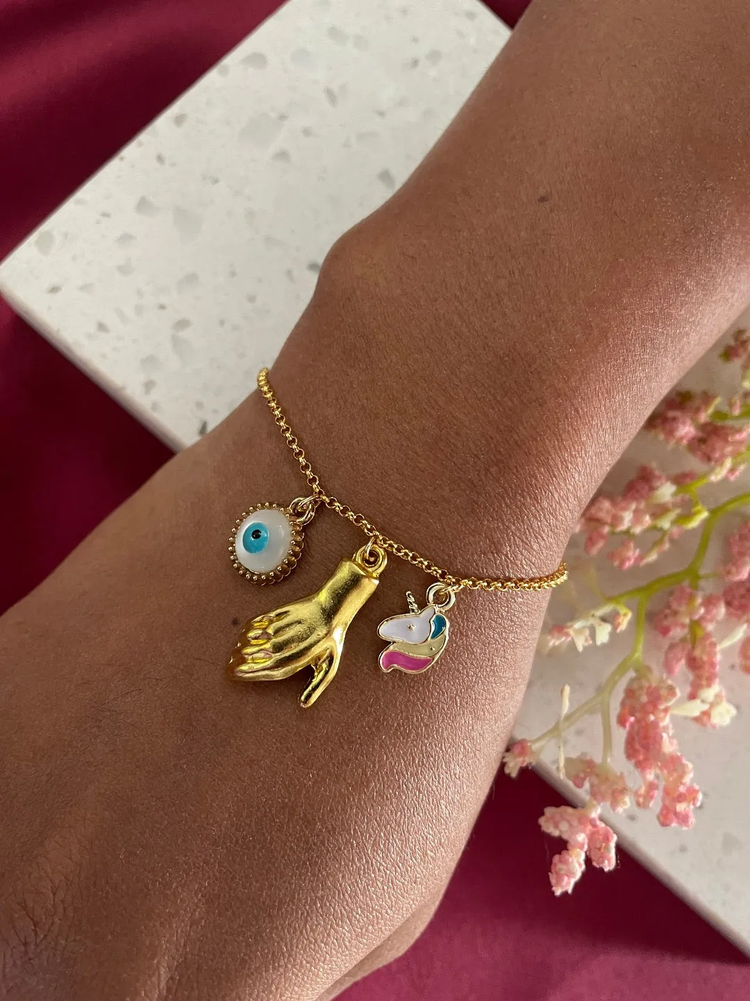 Gold Plated Hand Holding Magnet with Evil Eye & Charm Adjustable Bracelet