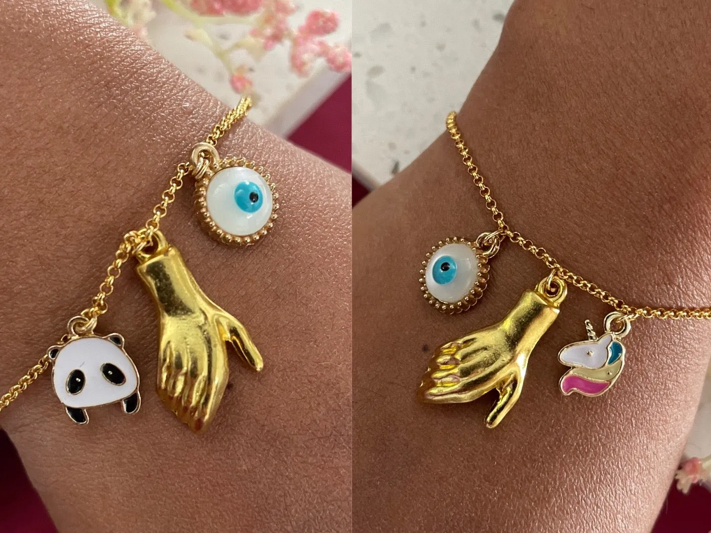 Gold Plated Hand Holding Magnet with Evil Eye & Charm Adjustable Bracelet