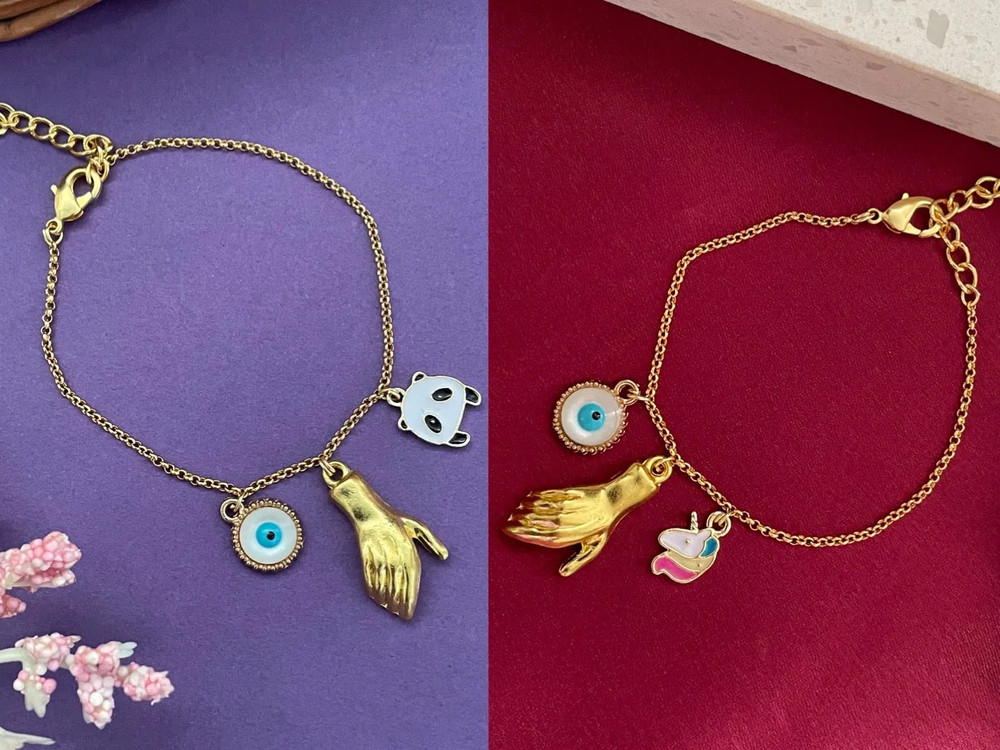 Gold Plated Hand Holding Magnet with Evil Eye & Charm Adjustable Bracelet