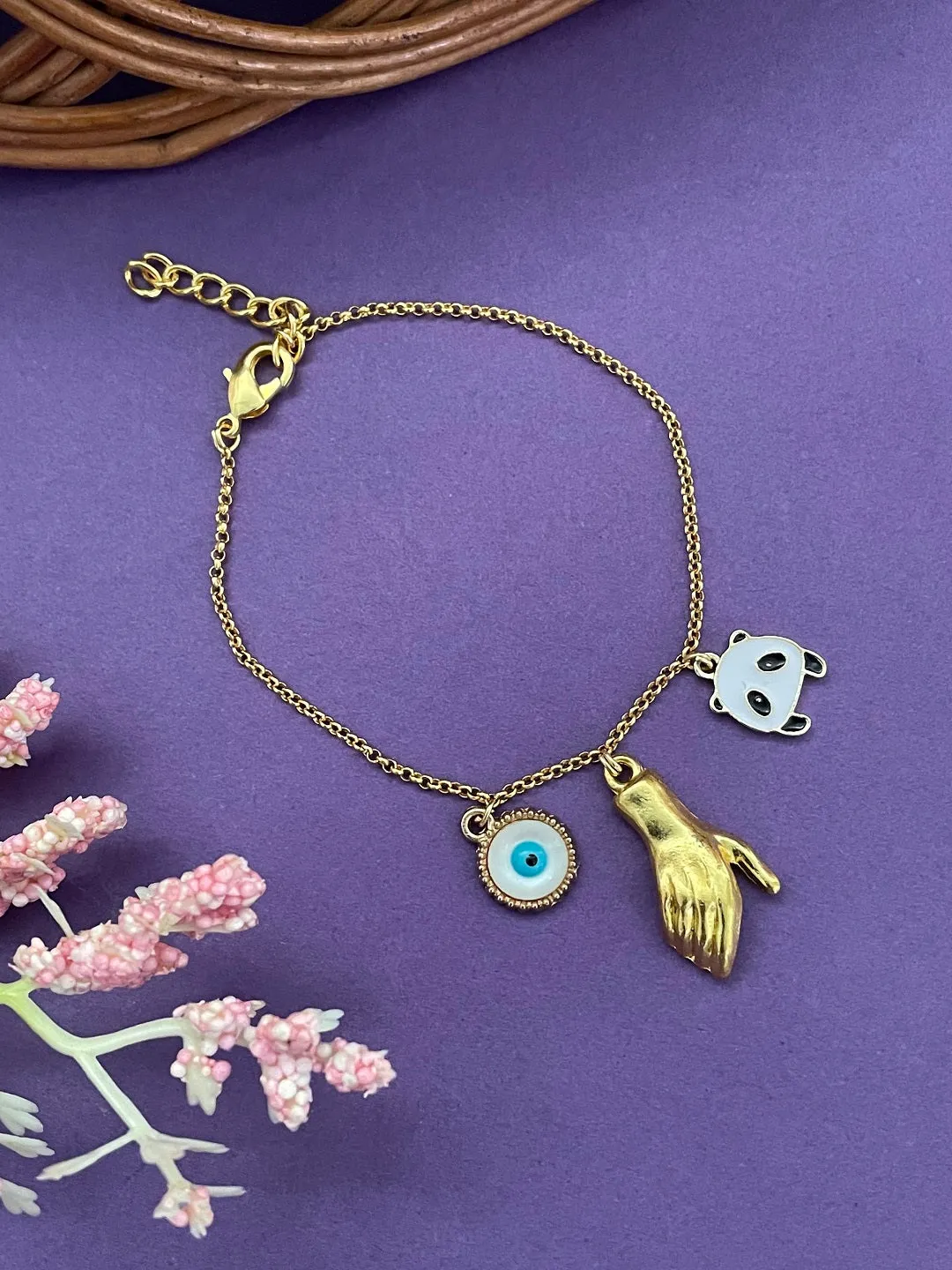 Gold Plated Hand Holding Magnet with Evil Eye & Charm Adjustable Bracelet