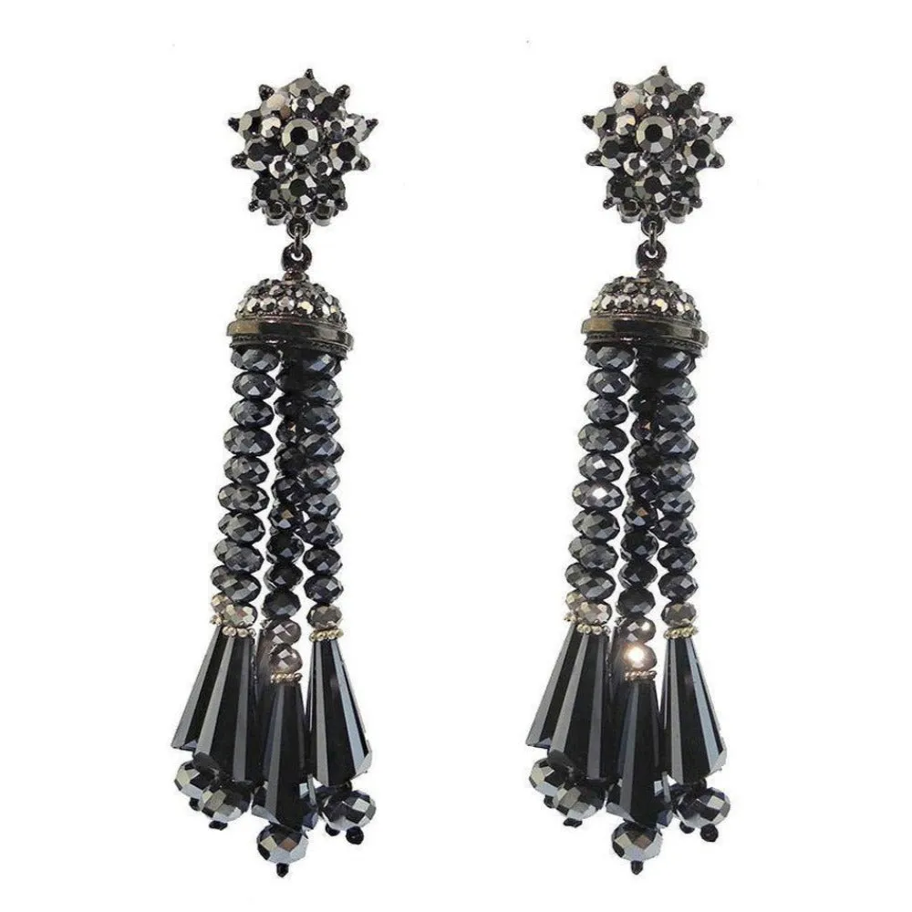 Hematite Beaded Tassel Drop Clip Earrings