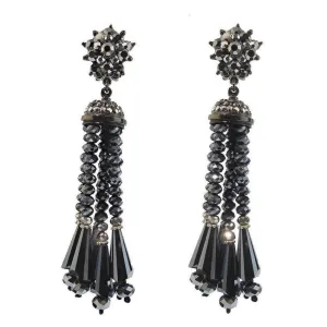 Hematite Beaded Tassel Drop Clip Earrings