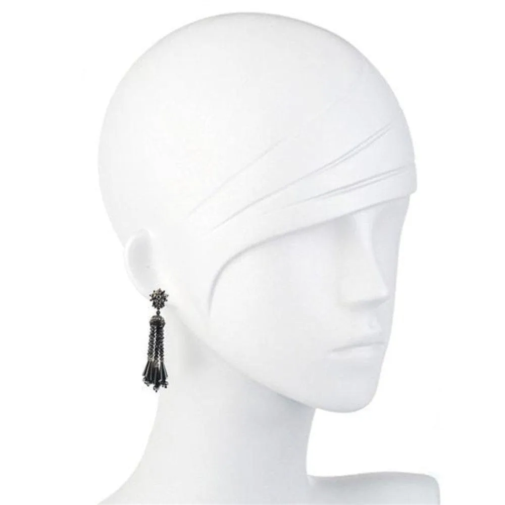 Hematite Beaded Tassel Drop Clip Earrings
