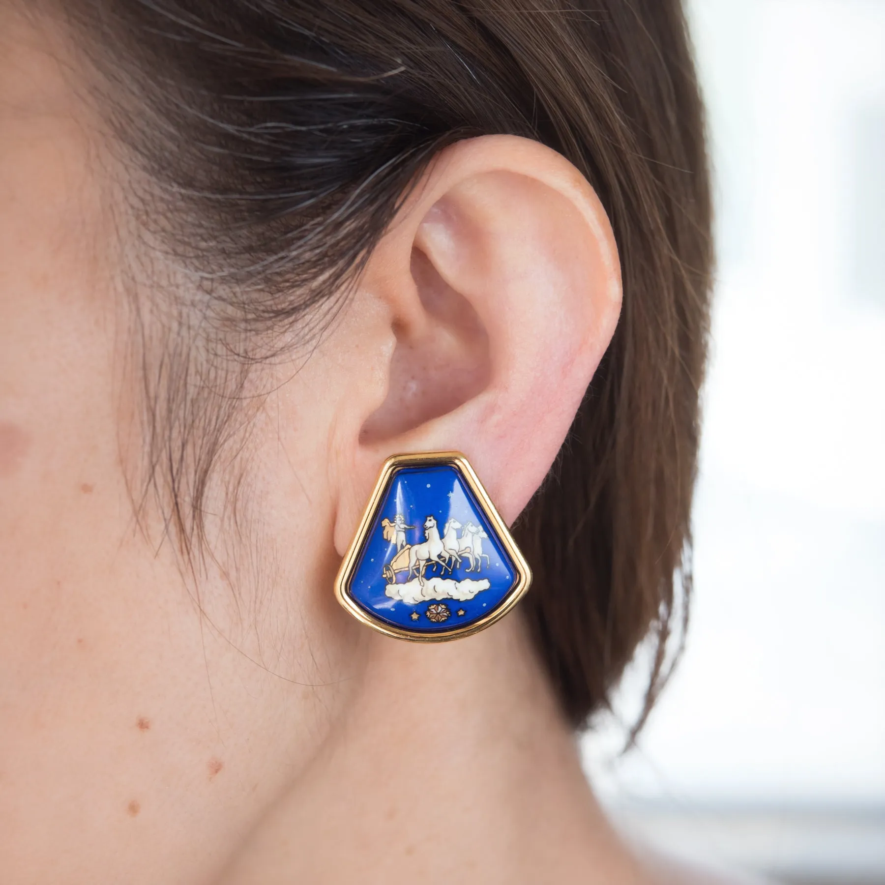 Hermes Enamel Clip Earrings Estate Chariot Horse Vintage