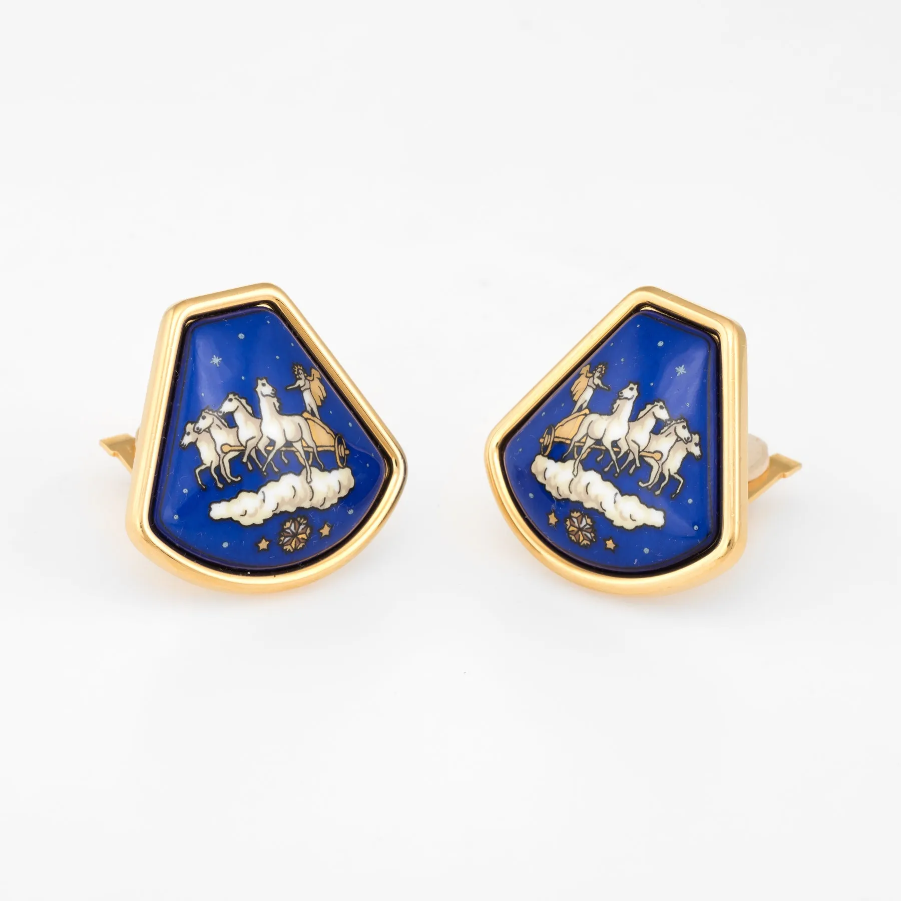 Hermes Enamel Clip Earrings Estate Chariot Horse Vintage