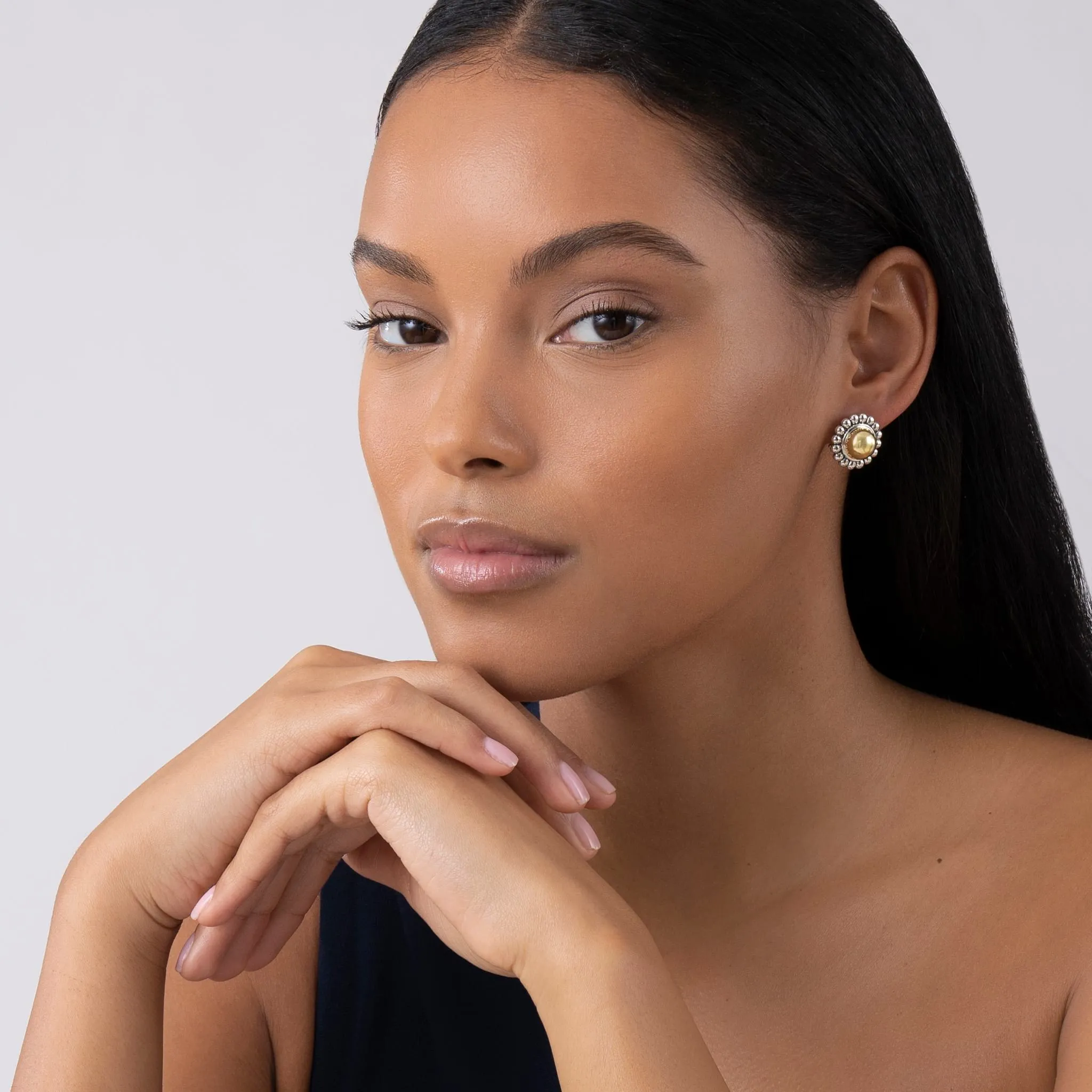 High Bar Two-Tone Caviar Omega Clip Earrings