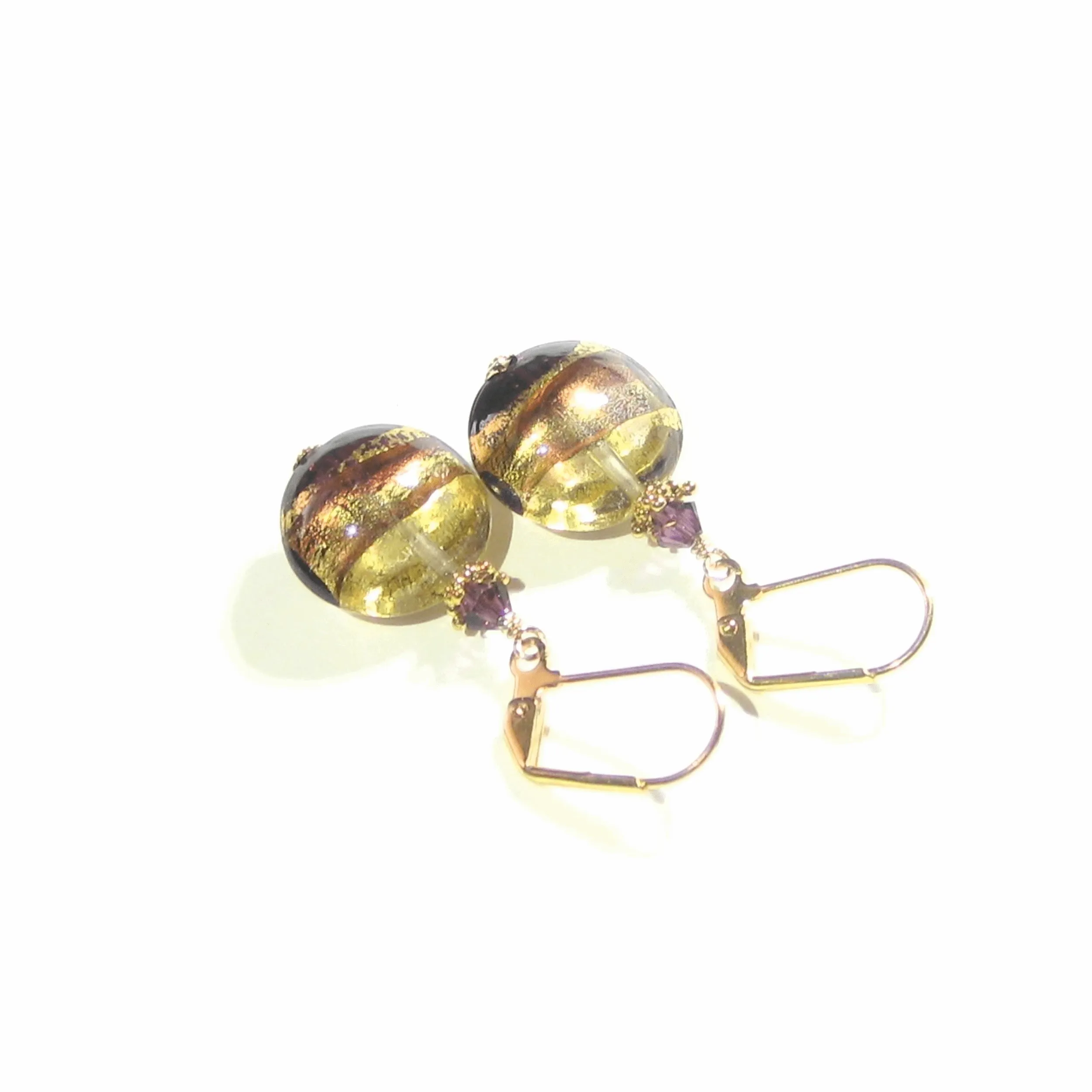 Italian Glass Earrings Purple Gold Earrings by JKC Murano