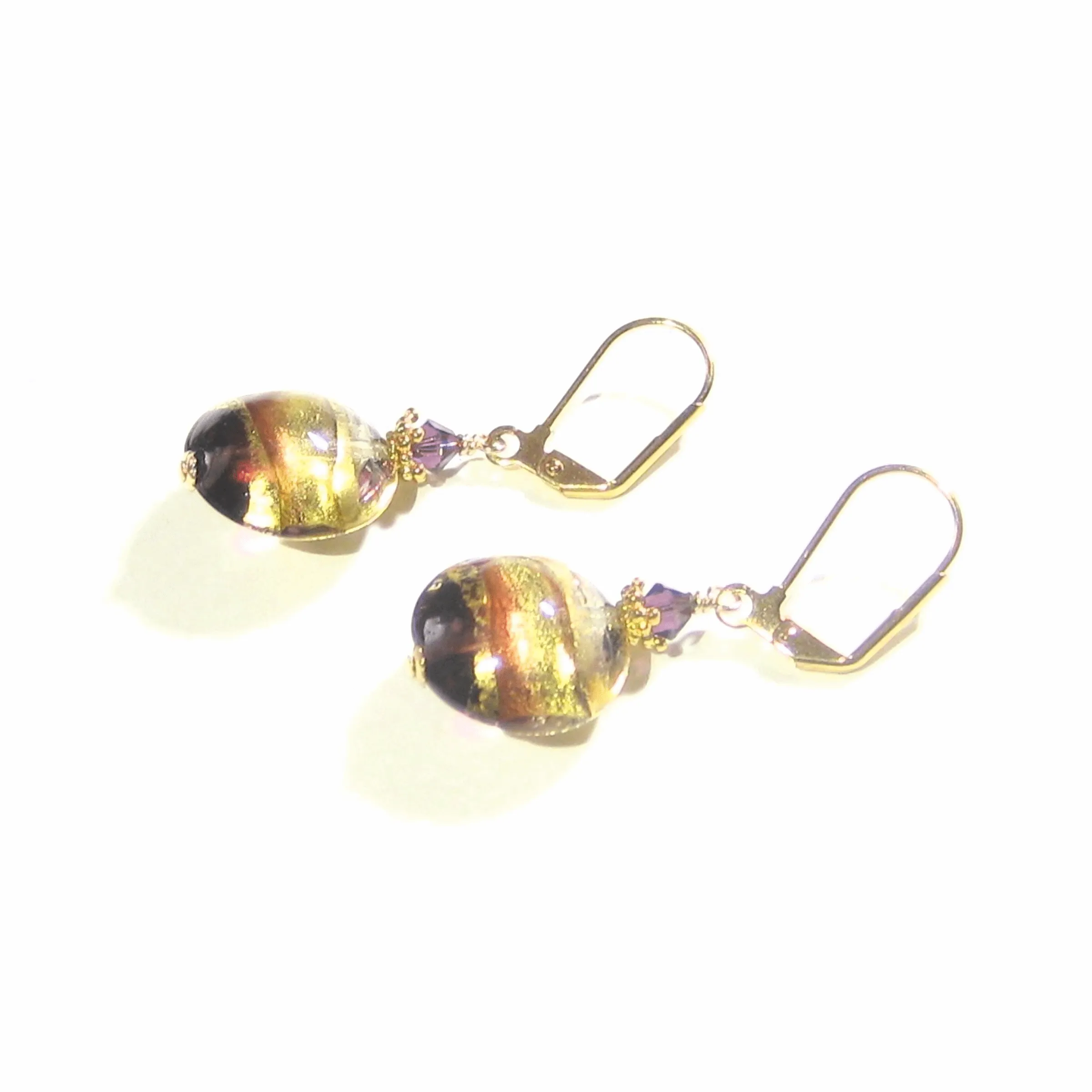 Italian Glass Earrings Purple Gold Earrings by JKC Murano