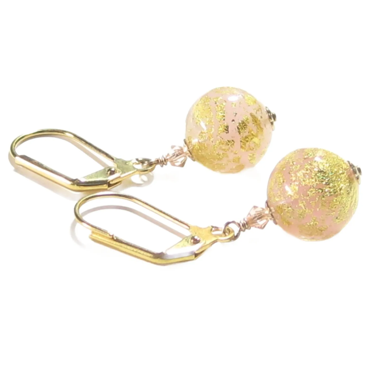 Italian Murano Glass Peach Cadora Gold Earrings with Gold Filled Leverbacks