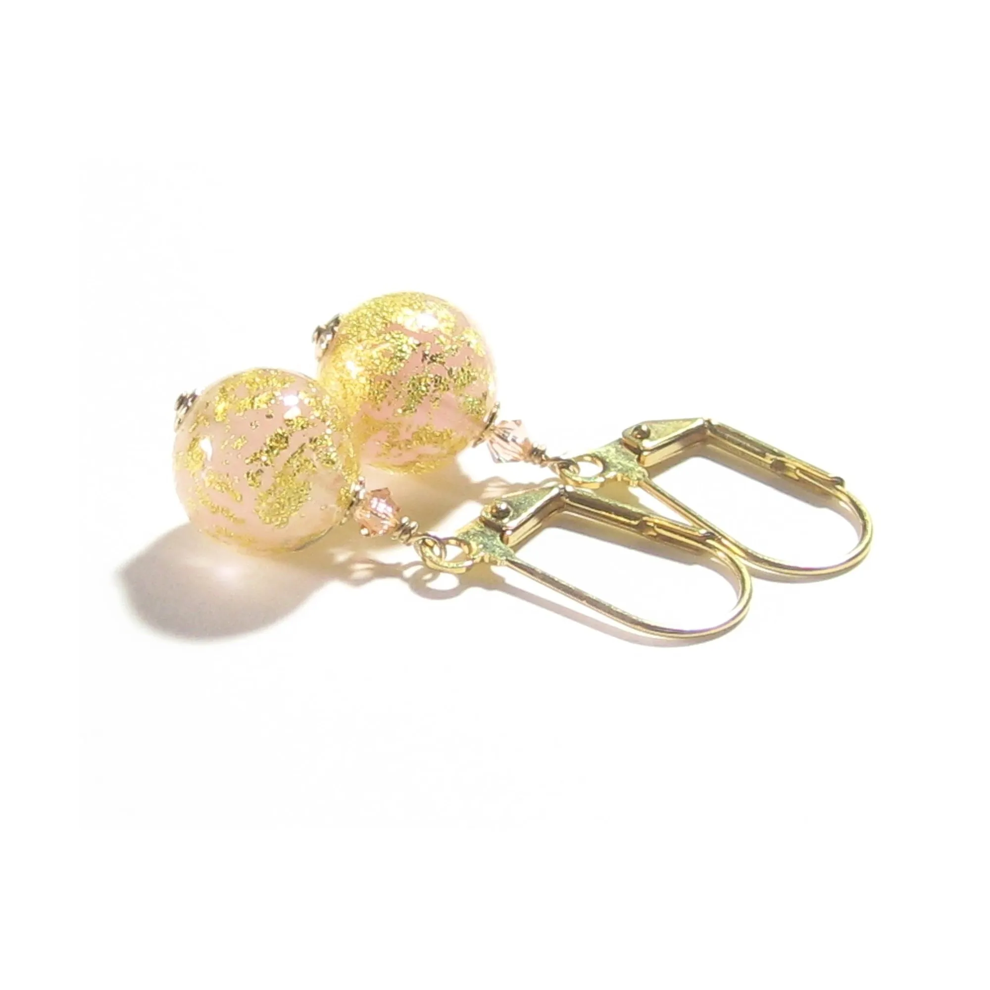 Italian Murano Glass Peach Cadora Gold Earrings with Gold Filled Leverbacks