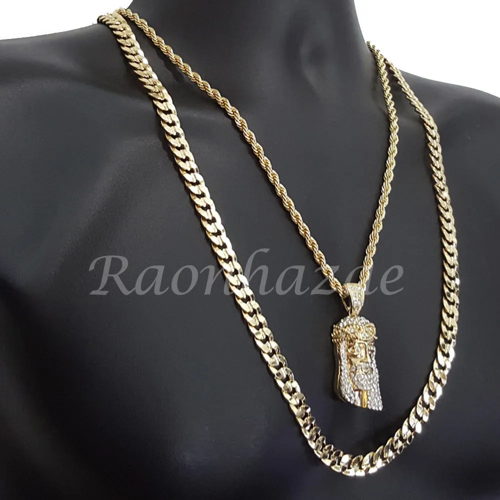 JESUS FACE ROPE CHAIN DIAMOND CUT 30" CUBAN CHAIN NECKLACE SET G20