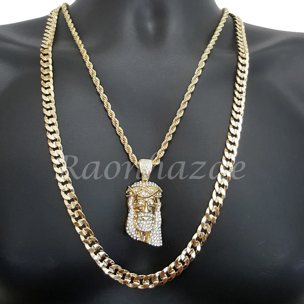 JESUS FACE ROPE CHAIN DIAMOND CUT 30" CUBAN CHAIN NECKLACE SET G20