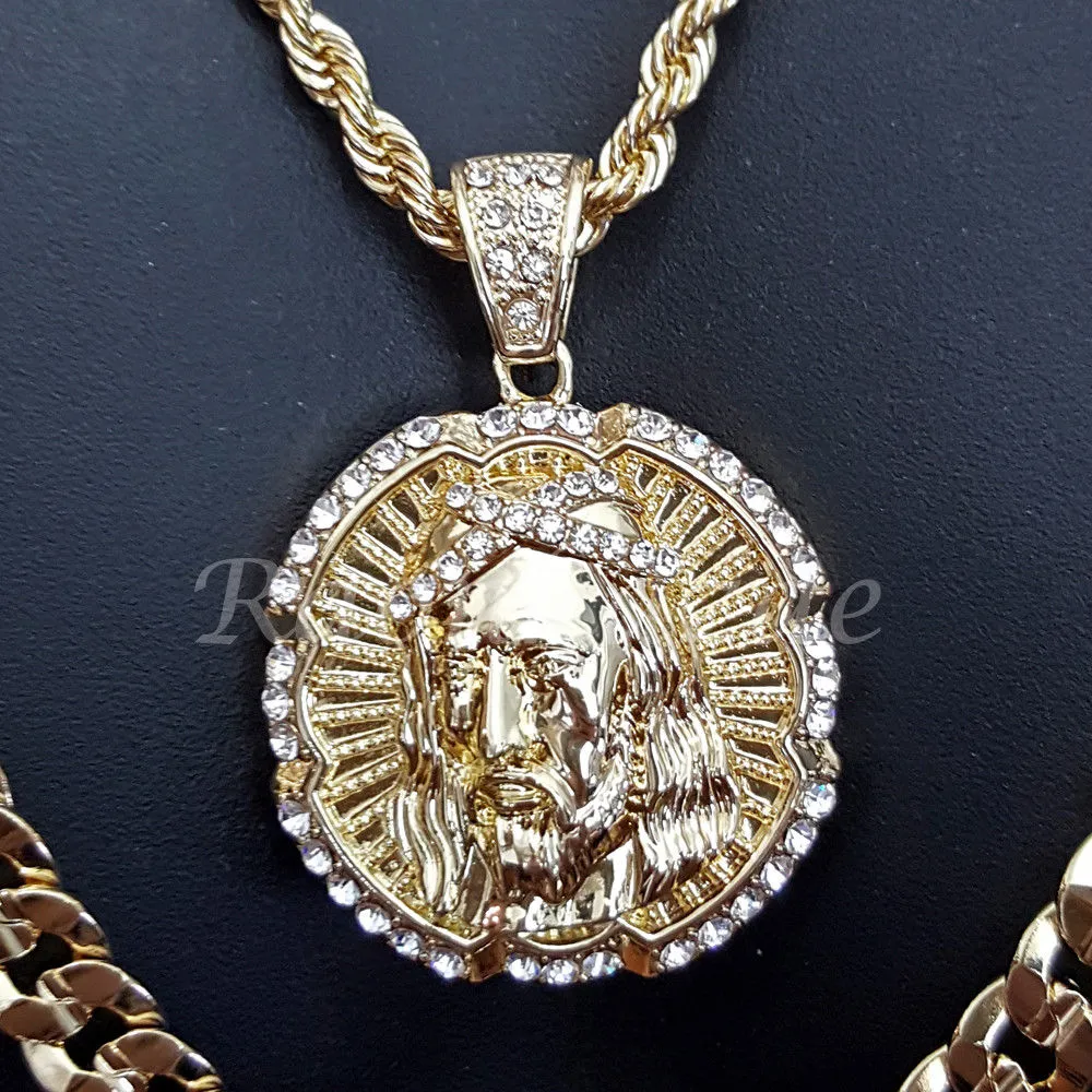 JESUS FACE ROPE CHAIN DIAMOND CUT 30" CUBAN CHAIN NECKLACE SET G22