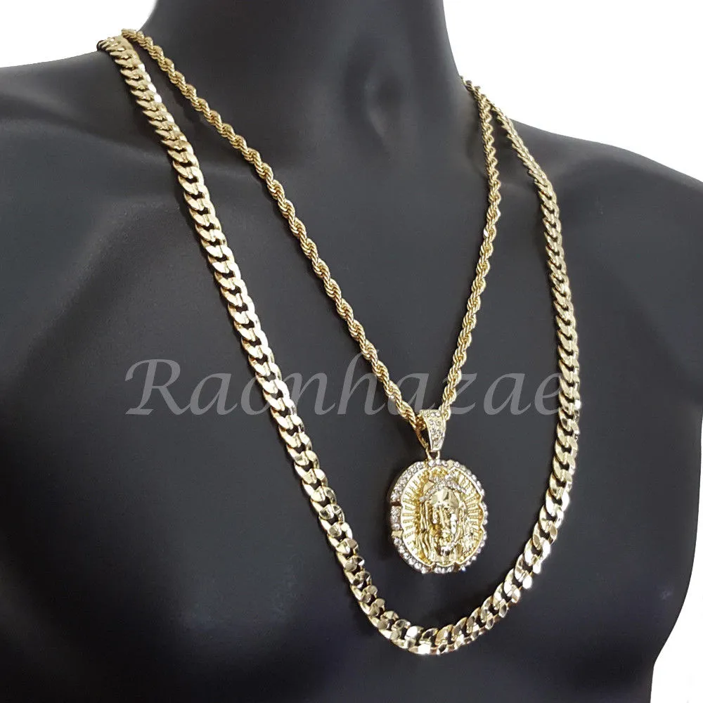 JESUS FACE ROPE CHAIN DIAMOND CUT 30" CUBAN CHAIN NECKLACE SET G22