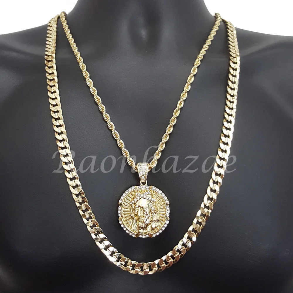 JESUS FACE ROPE CHAIN DIAMOND CUT 30" CUBAN CHAIN NECKLACE SET G22