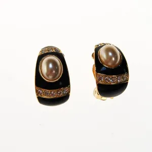 Joan Rivers Gold, Black Enamel, Rhinestone, Faux Pearl Earrings