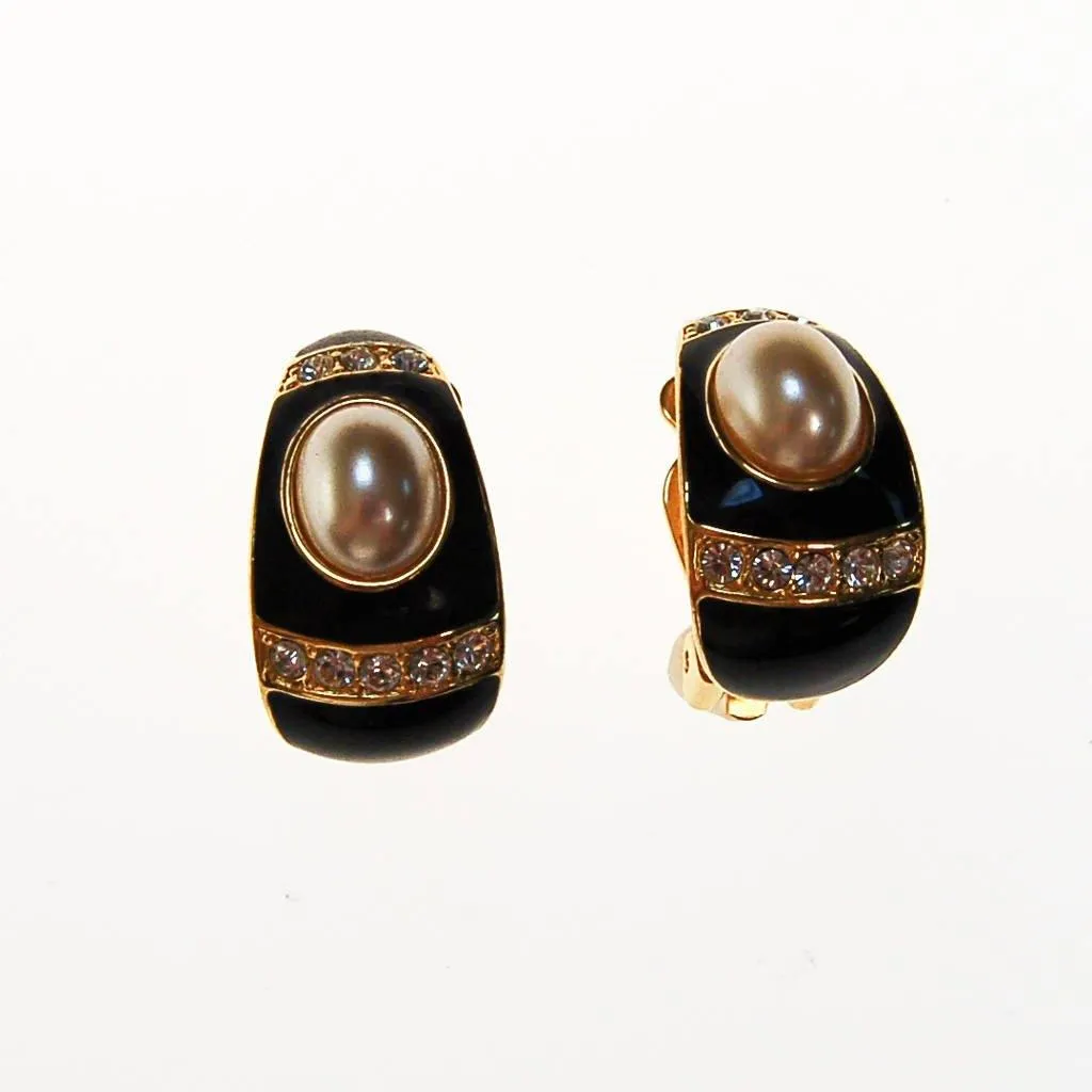 Joan Rivers Gold, Black Enamel, Rhinestone, Faux Pearl Earrings