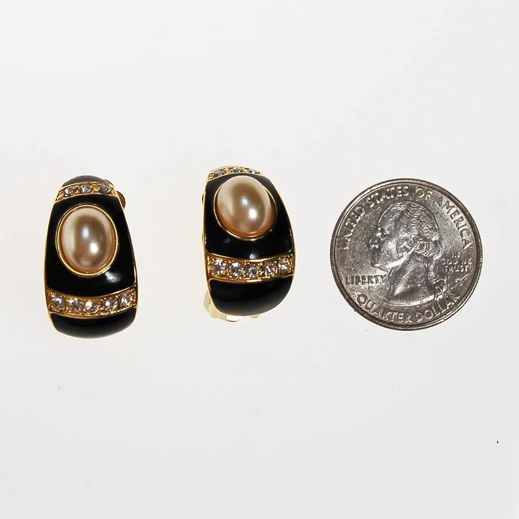 Joan Rivers Gold, Black Enamel, Rhinestone, Faux Pearl Earrings