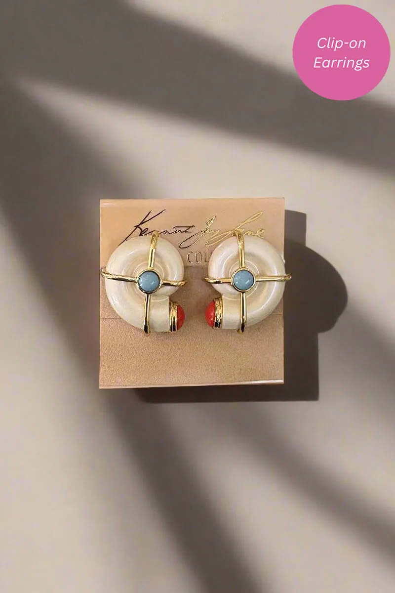 Kenneth Jay Lane White Pearl and Turquoise with Coral Tip Snail Earrings