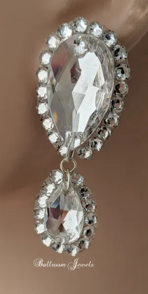 Large and medium pear dangle ballroom earring in clear crystals