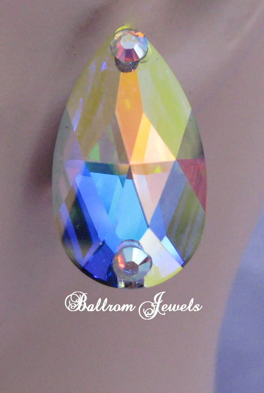 Large crystal pear Ballroom Earrings - Aurora Borealis