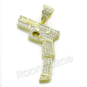 LARGE HAND GUN CHARM ROPE CHAIN DIAMOND CUT CUBAN CHAIN NECKLACE G63