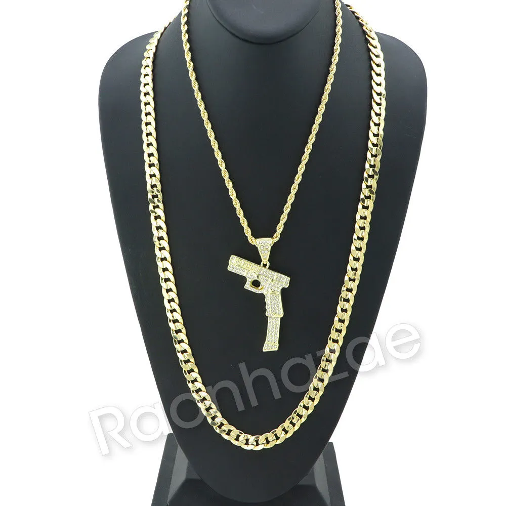 LARGE HAND GUN CHARM ROPE CHAIN DIAMOND CUT CUBAN CHAIN NECKLACE G63