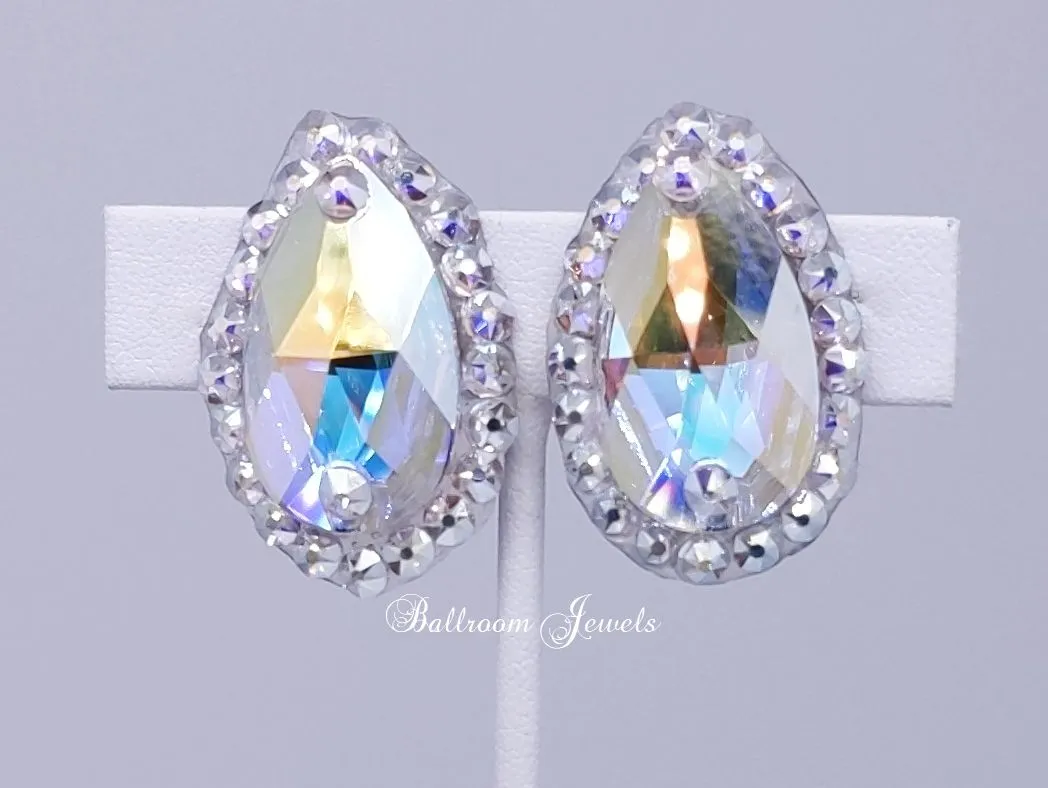 Large pear with surrounding crystal ballroom earrings - aurora borealis