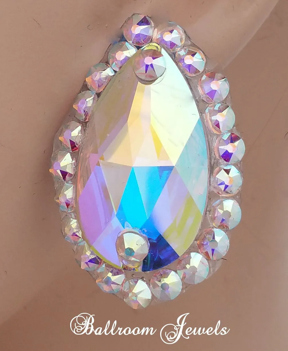 Large pear with surrounding crystal ballroom earrings - aurora borealis