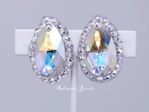 Large pear with surrounding crystal ballroom earrings - aurora borealis