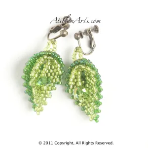 Light & Dark Green Leaves and Crystal Earrings. clip screw post
