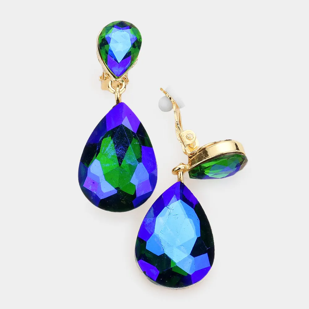 Little Girls Clip-on Green/AB Teardrop Earrings | 555417