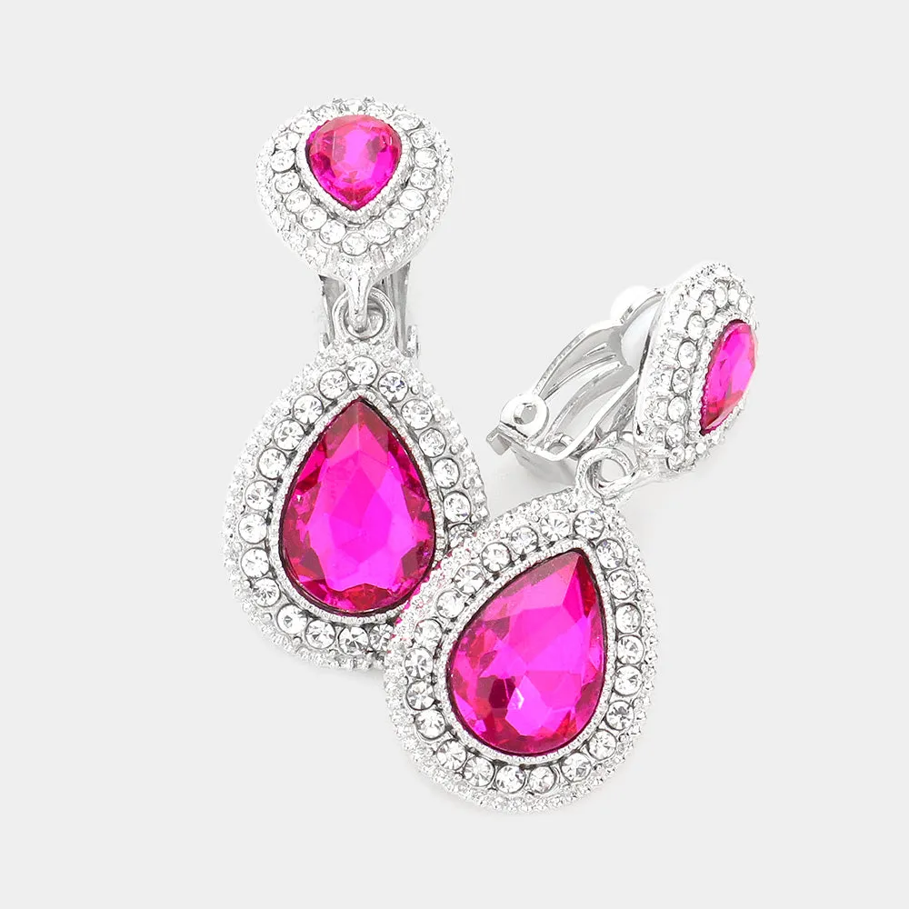 Little Girls Double Fuchsia Crystal Teardrop Clip On Earrings | 379524