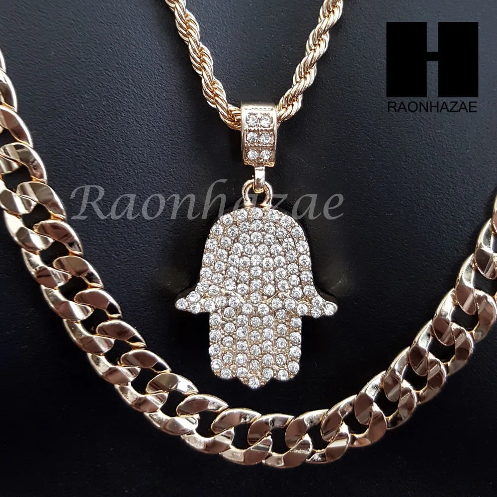 MEN BLING GOLD HAMSA PENDANT 30" CUBAN LINK CHAIN NECKLACE SET S95G
