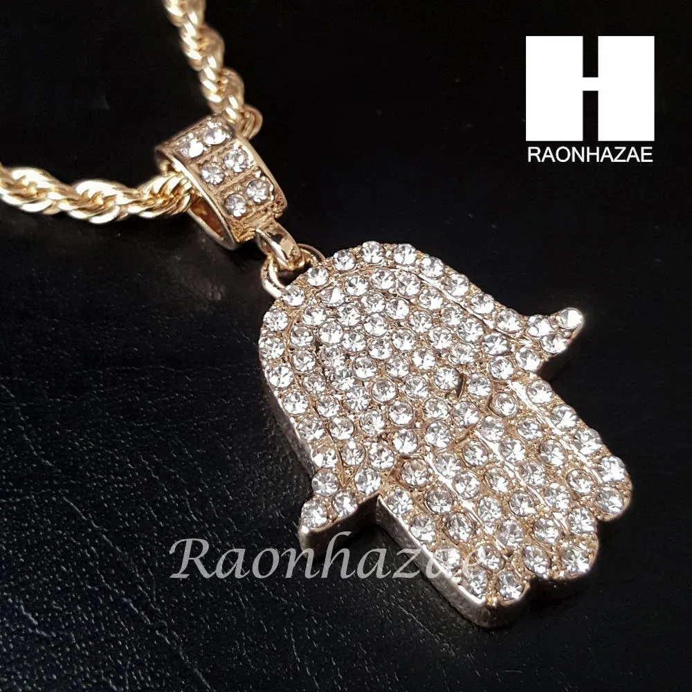 MEN BLING GOLD HAMSA PENDANT 30" CUBAN LINK CHAIN NECKLACE SET S95G