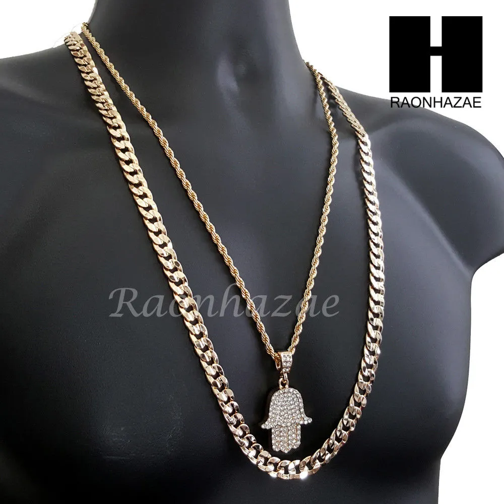 MEN BLING GOLD HAMSA PENDANT 30" CUBAN LINK CHAIN NECKLACE SET S95G