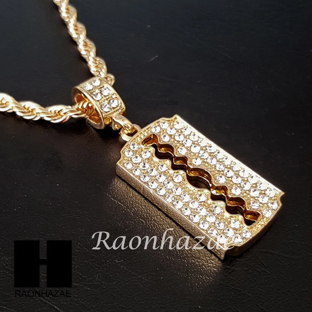 MEN GOLD BARBER RAZOR BLADE CHARM CUT 30" CUBAN LINK CHAIN NECKLACE S87