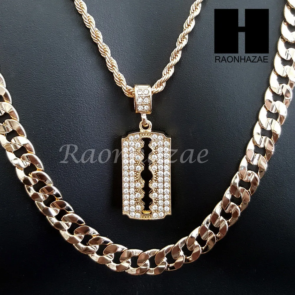 MEN GOLD BARBER RAZOR BLADE CHARM CUT 30" CUBAN LINK CHAIN NECKLACE S87