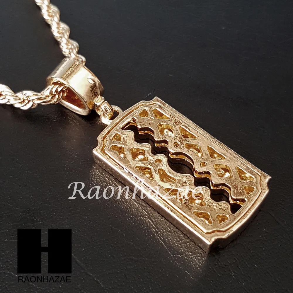 MEN GOLD BARBER RAZOR BLADE CHARM CUT 30" CUBAN LINK CHAIN NECKLACE S87
