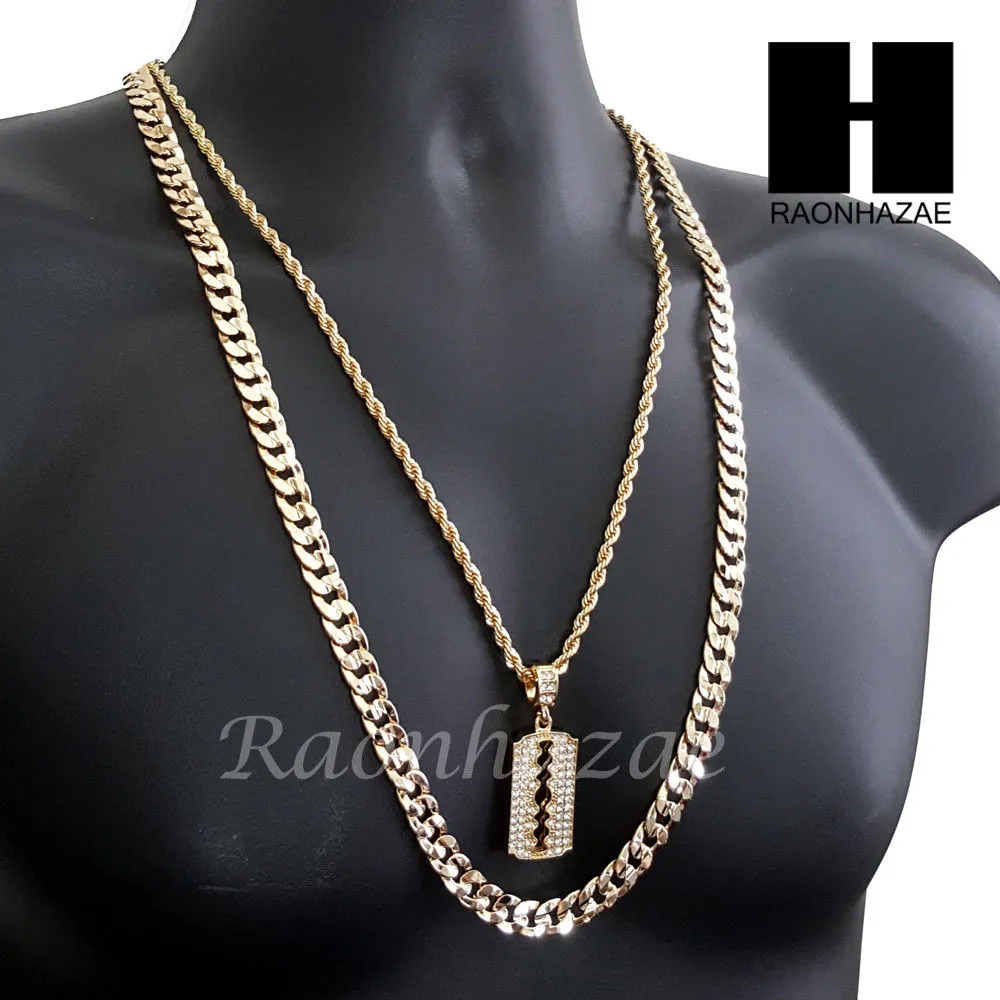 MEN GOLD BARBER RAZOR BLADE CHARM CUT 30" CUBAN LINK CHAIN NECKLACE S87