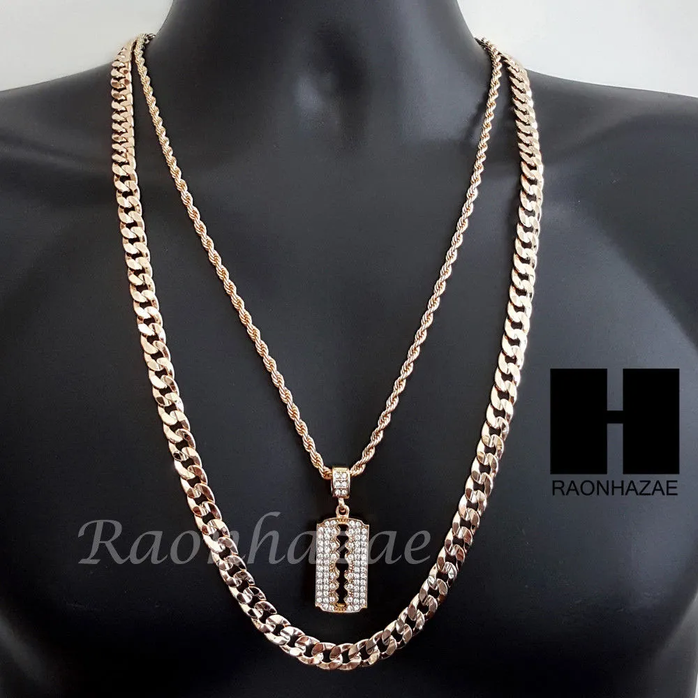 MEN GOLD BARBER RAZOR BLADE CHARM CUT 30" CUBAN LINK CHAIN NECKLACE S87