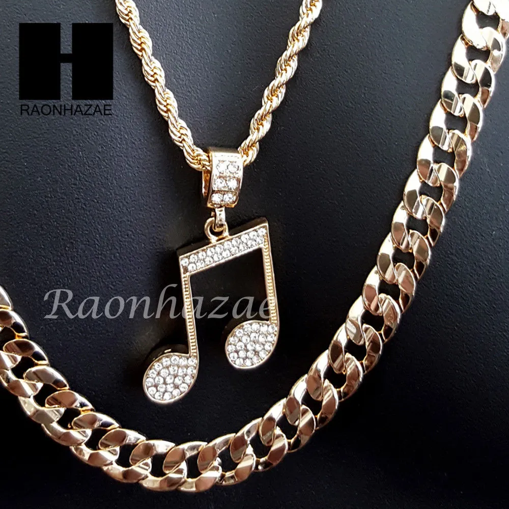 MEN GOLD MIGOS MUSIC NOTE CHARM CUT 30" CUBAN LINK CHAIN NECKLACE S086G