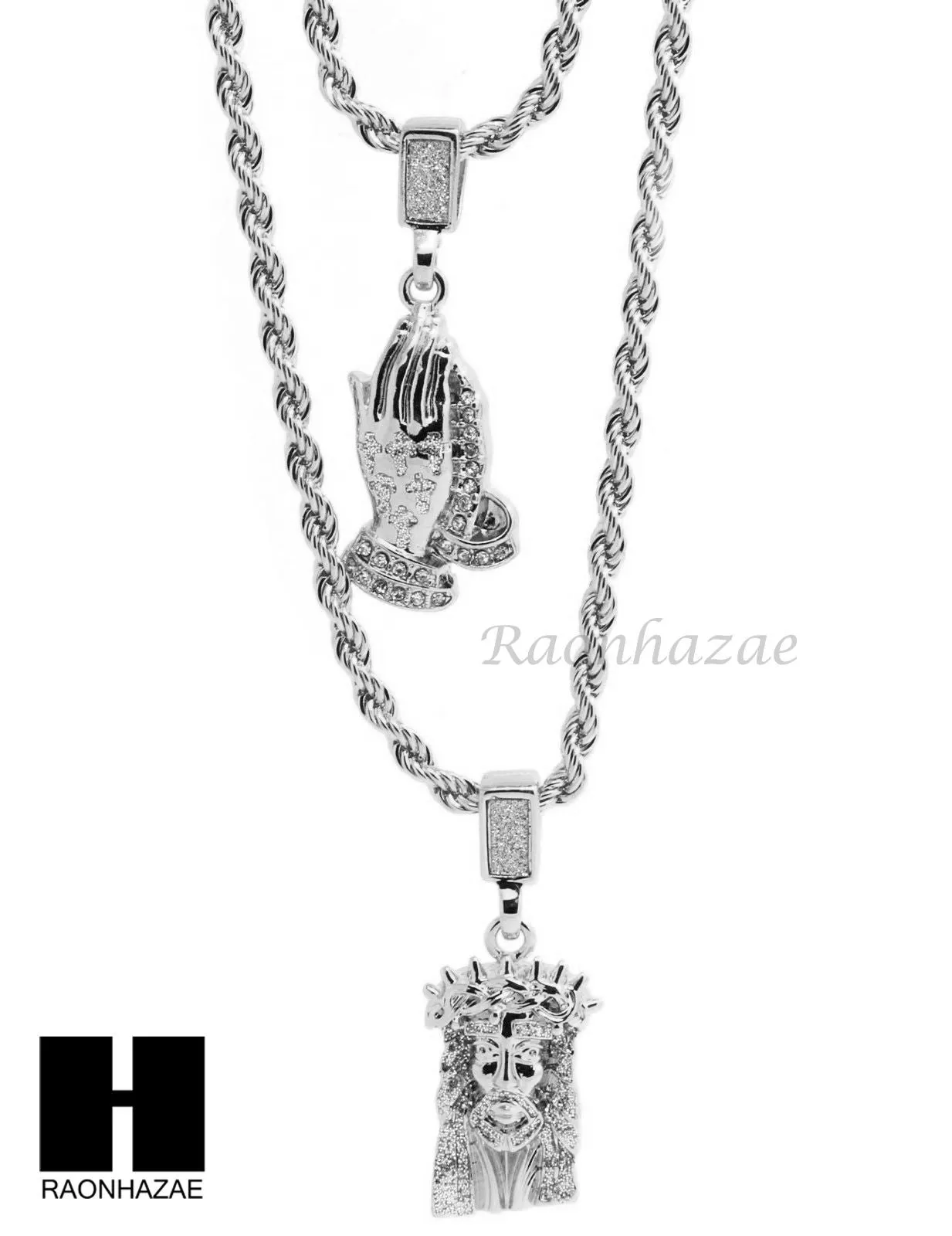 MEN JESUS FACE PRAYING HANDS 24" 30" ROPE CHAIN NECKLACES COMBO SET G38
