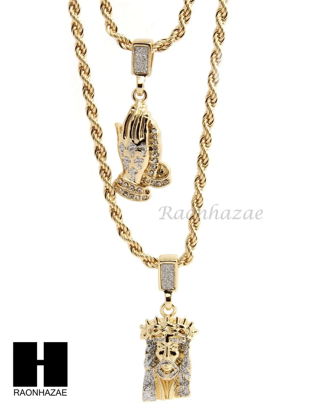 MEN JESUS FACE PRAYING HANDS 24" 30" ROPE CHAIN NECKLACES COMBO SET G38