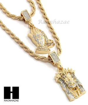 MEN JESUS FACE PRAYING HANDS 24" 30" ROPE CHAIN NECKLACES COMBO SET G38