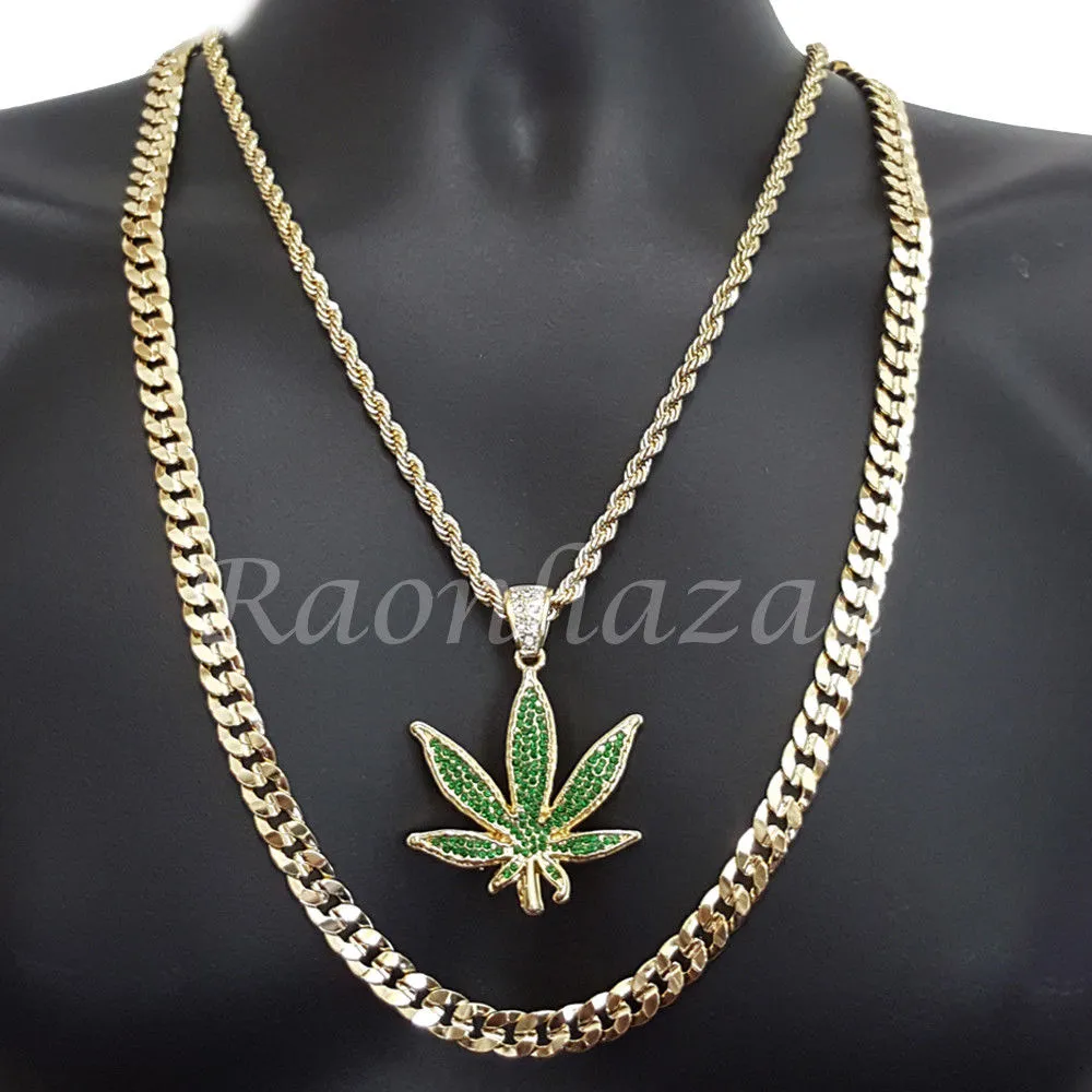 MENS MARIJUANA CHARM ROPE CHAIN DIAMOND CUT 30" CUBAN CHAIN NECKLACE SET G42