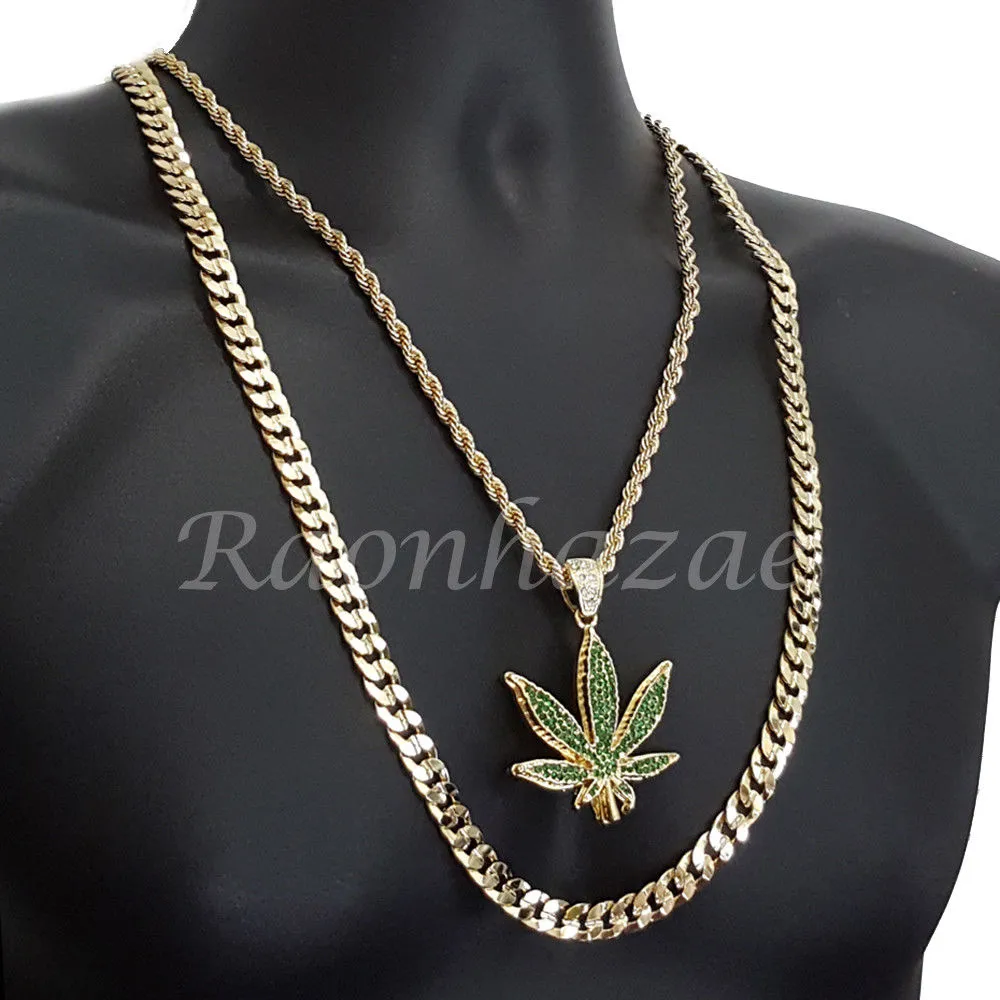 MENS MARIJUANA CHARM ROPE CHAIN DIAMOND CUT 30" CUBAN CHAIN NECKLACE SET G42